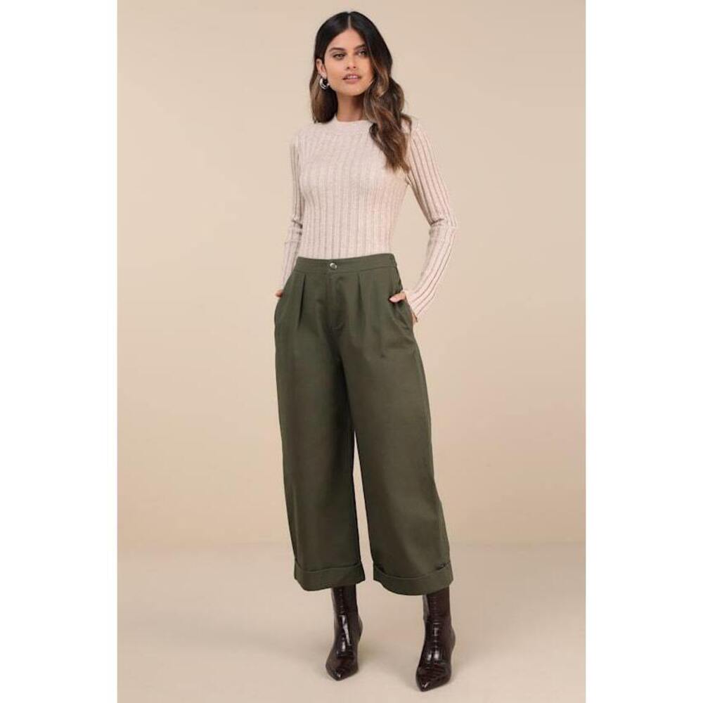 NWT Olive Green Cuffed Wide-Leg Pants